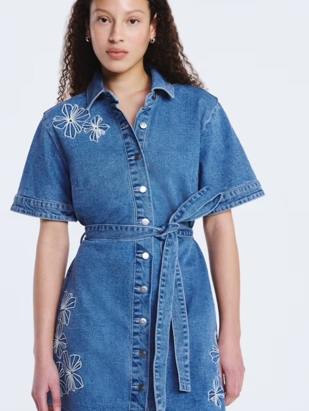 Women's Denim Button-Front Overall Dress with Floral Embroidery - Blue